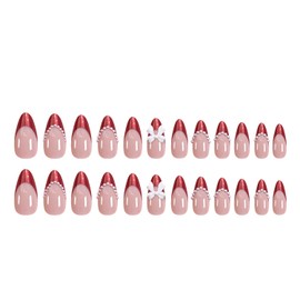 Almond False Nails Pearl Fake Nails Wine Red French Nails Press on Nails Medium Artificial Acrylic Nails Cute Bow Tie Design 24Pcs Full Cover Reusable Coffin Nails Glue on Nails for Women