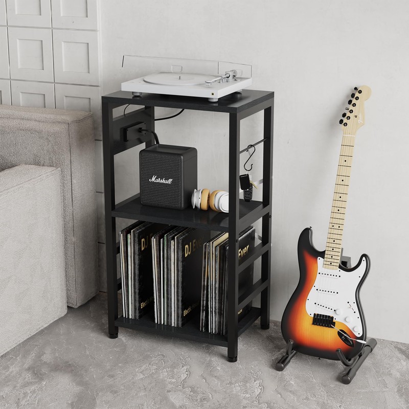 YAKANJ End Table with LED Light,Record Player Stand with Charging