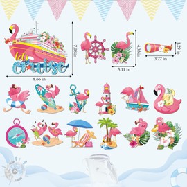 Dazoratix Flamingo Cruise Door Decorations - 16 Pcs Funny Hawaii Ship Cabin Magnets Pink Magnetic Stickers Palm Anchor Decals Tropical Stateroom Accessories for Summer Vacation Party Carnival Garage