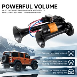 BANHAO Electric Air Horn for Truck 150dB Super Loud Black Horns Dual Trumpet with Compressor for Any 12V Vehicles Trucks Motorcycle Pickup Trains Cars Boats (Black integrated Air Horn)