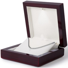 Necklace Box with LED Light – Small Jewelry Display Case for Bracelet, Earrings, or Chains – Luxury Lighted Wooden Presentation Box for Gifts, DIY Crafts (Mahogany Cream Interior, 4 X 4 Inch)