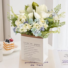 ALLHANA White Peony Flowers, Artificial Fake Silk Flower Bouquet, Magnolia Leaves Hydrangea Flowers Picks Arrangement for Farmhouse Home Office Kitchen Dining Table Centerpieces Décor(6 Stems, Blue)