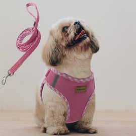 Aiminto Premium Denim Dog Harness and Leash Set, Step in, Breathable Mesh, Lightweight, Reflective Vest Harness - for Small Dogs (Pink, XS)