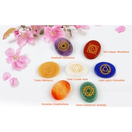 Joyzan Reiki Chakra Stones, Natural Healing Crystals Gemstones Symbols Tumbled Polished Energy Kit Engraved Holistic Balancing Palms Worry Set Home Decoration Meditation Therapy Gift Christmas 7Pcs