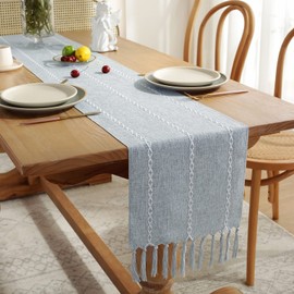 Wracra Cotton Linen Table Runner Farmhouse Style Dusty Blue Table Runner 230cm with Hand-tassels for Party, Dining Room Decorations Dessert Table Decor(Dusty Blue, 230cm)