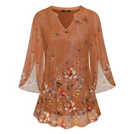 VALOLIA Evening Tops for Women: 3/4 Sleeve - Plus Size Dressy Tops - Lightweight Flowy Dress Shirts Work Clothes for Office - Tummy Control - 2024 Orange XL