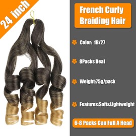 Curly Braiding Hair 8 Packs 24 Inch French Curly Braiding Hair 1B/27 Bouncy Braiding Hair Extensions Pre Stretched French Curl Braiding Hair (1B/27#, 24 Inches)