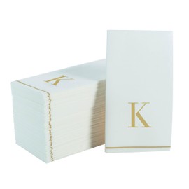 Luxe Party 56 Pack Monogram Napkins, Letter K Initial, Disposable, Premium Airlaid, Linen Feel, Decorative Table Setting, Guest Towel Napkin, White and Gold