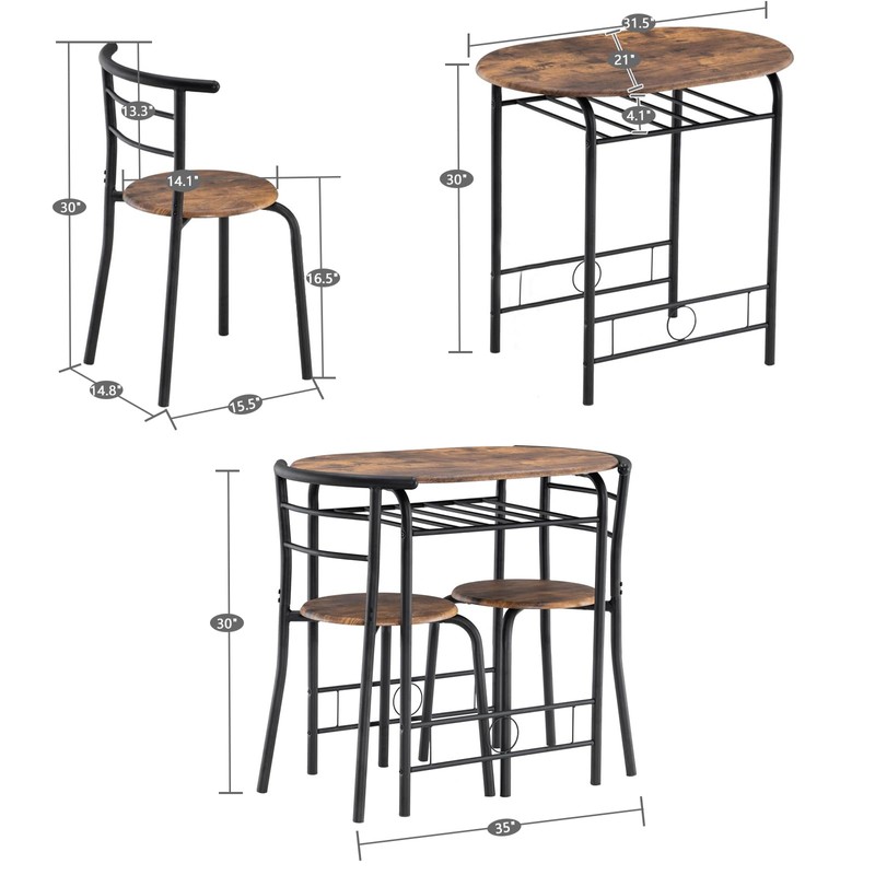 FCH 3 Piece Small Dining Table Set for 2, Oval