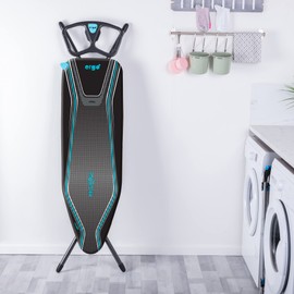 Minky Ergo Prozone Ironing Board | Made in UK | Dual Iron Rest, Heat Reflective Cover, Thick Felt Underlay - Freestanding Ironing Board with Large 48" x 15" Ironing Surface (Gunmetal and Blue)