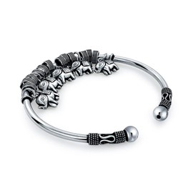 Bali Style 5 Charms Dangling Good Luck Elephant Bangle Cuff Bracelet For Women Solid Heavy Antiqued .925 Sterling Silver