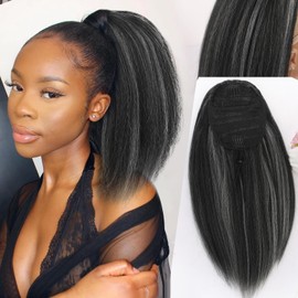 LEOSA Highlighted Ponytail Extension 14inch Yaki Drawstring Ponytails for Black Women Short Kinky Straight Ponytail Black Mixed Gray Hair Pieces Natural 4c Clip on Pony tails Hair Extensions