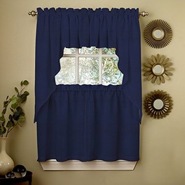 Sweet Home Collection 5 Pc Kitchen Curtain Set-Valance Swag Choice of 24" or 36" Tier Pair, Ribcord Navy