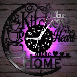 Timeglow 12'' Kitchen Vinyl Record Wall Clock 7 Kinds of LED Color, Kitchen Heart Home Theme Wall Clock Night Light Silent Non Ticking Coffee Bar Wall Watch Clock for Women Wife Restaurant Dining Room