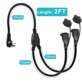 [2PACK] 2FT Outdoor Extension Cord Splitter - 90-Degree Flat Plug Black 2 Way Waterproof Power Cord Y Splitter,1 to 2 Extension Cord, 125V 13 AMP 16AWG Short 3 Prong Extension Cord with 2 Outlets