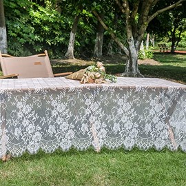 TINWIN - Mantel rectangular de encaje de 60 x 120 pulgadas, color blanco, vintage, camino de mesa, tela de pestaña, para cocina, comedor, mesa de picnic, decoración de boda, decoración del hogar