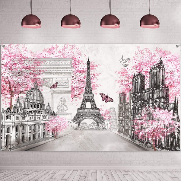 Sfondo Arazzi di Parigi Bandiera Sfondo Foto Torre Eiffel Francese Arte da Parete di Paesaggio Città Europea Decorazione Rosa Appeso a Parete per Camera Ragazza Feste, 72,8 x 43,3 Pollici
