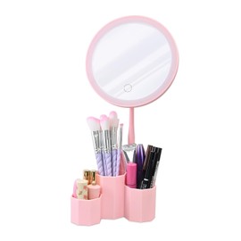 Ikee Design Makeup Organizer with Rechargeable LED Mirror for Makeup, Brushes, Lipsticks, Skincare and Cosmetics Organizer for Home, Bathroom, Spa, or Salon, 6.7W x 4.4D x 15H in, Pink Color