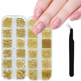 24 Grid Gold Nail Charms Moon Star Nail Art Charms Geometry Chain Nail Rhinestones Gold Sun Nail Charms and Gems for Decorations Manicure Supplies Accessories DIY Craft