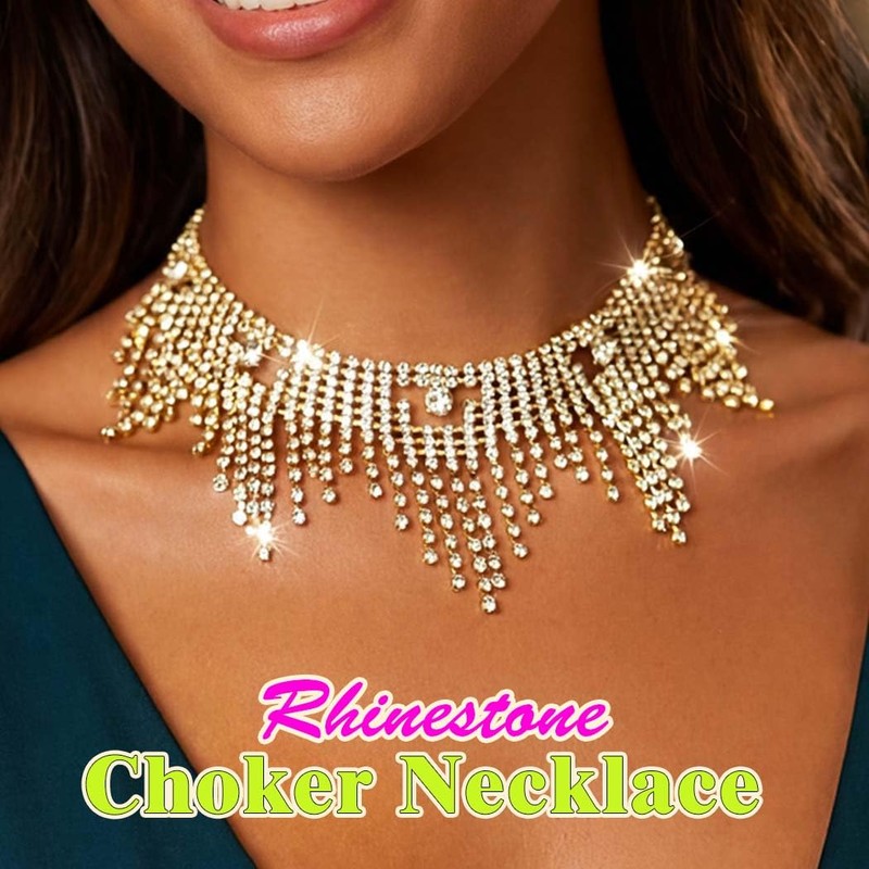 JAKAWIN Diamond Choker Necklace Gold Sparkly Rhinestone Porm Jewelry for