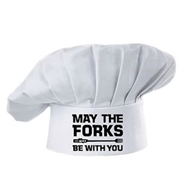 Hyzrz Funny Chef Hat -May The Forks Be with You- Adjustable BBQ Grill Cooking Hat for Men Women Dad Mon Gift (White)