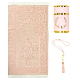 Prien Muslim Prayer Mat with Tesbih for Islamic Gifts, Muslim Portable Seccade Box, Islam Mat Set for Women & Men, Ramadan, Turkish Carpet Gift, Bayram Children (Pink)