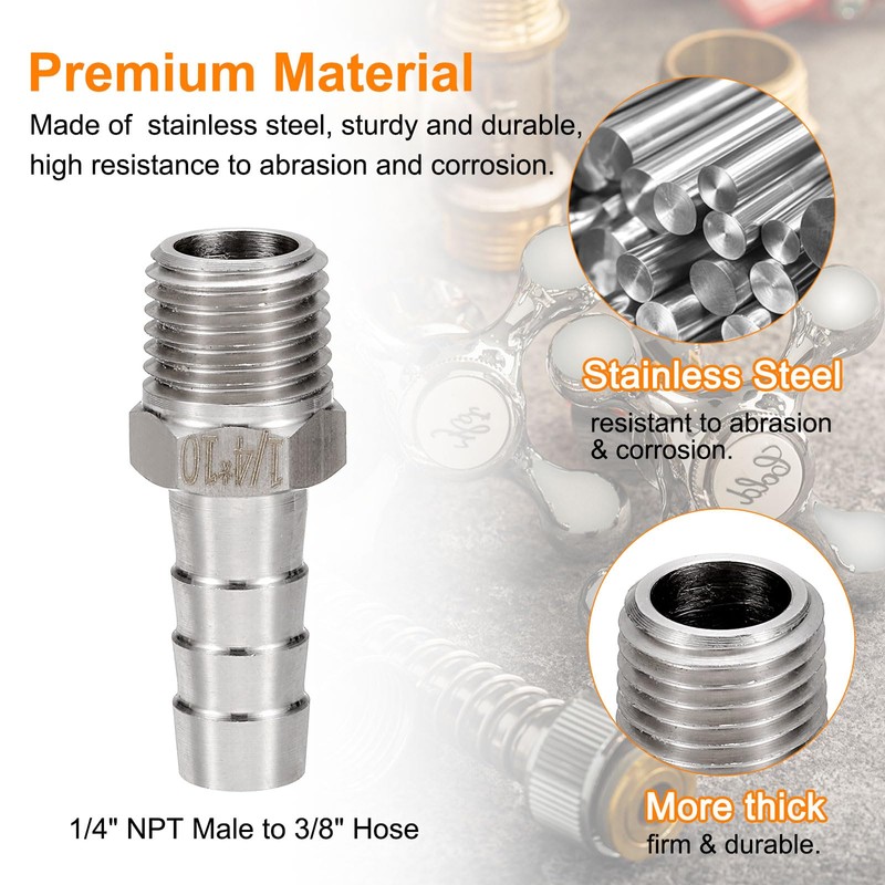 sourcing map Stainless Steel Barbed Fitting 1/4" NPT Male to