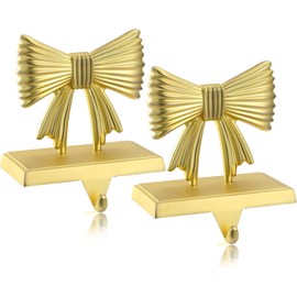 Kersiki Christmas Stocking Holders Set of 2 - Christmas Stocking Holders for Fireplace- Metal Stocking Hanger for Mantel-Stocking Hooks for Christmas Party and Home Decoration (Gold Bowknot)