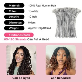 Lounoke 40 Strands Human Hair Loc Extensions, 10 inch Pencle Size 0.6cm,salt, Width Dreadlock Extension Real Human Hair