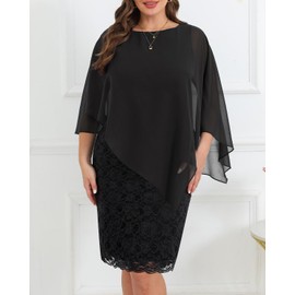 Plus Size Dresses for Women Wedding Guest Black Cape Cocktail Lace Formal Party Chiffon Overlay Funeral Bodycon Dress