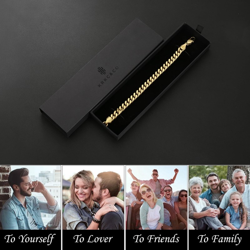 KRKC&CO Men’s Bracelets, Flat-Cut Cuban Link Bracelet 14K Gold Plated