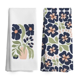 TAEDIN Flowers Floral Kitchen Towels Spring Summer Black and Green Dish Towel 16x24 Inches, Bohemian Decorative Absorbent Dishcloths Tea Towels Set of 2 for Kitchen Hotel Spa Decor