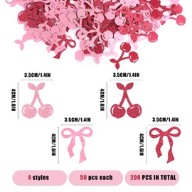 BOXOB 200pcs Cherry and Bow Confetti, Glitter Paper Confetti Decor Party Table Scatter for Birthday Bachelorette Baby Shower Wedding Table Decorations Sweet & Fruit Theme Party Supplies (Pink & Red)