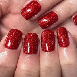 24Pcs Short False Nails - Glitter Red Square Press on Nails - Fake Nails with Glue - Stick on Nails in 12 Sizes - Removable Glue-on Nails Tips for Christmas Women Girls Nail Art Accessories