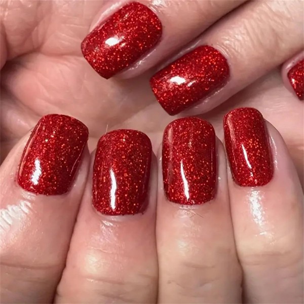 24Pcs Short False Nails - Glitter Red Square Press on