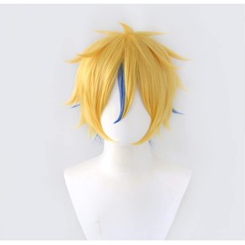 Xingwang Queen Anime Cosplay Wig Short Blonde Yellow Highlight Blue Wigs for Men Boys (Len)
