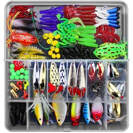 RoseFlower 141 Pieces Fishing Lure Kits Mixed Universal Artificial Soft Bait Sets Including Spinning Lures, Plastic Worms, Frogs, Single Hooks, Tackle Box - Freshwater Saltwater Fishing Equipment