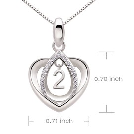 ALOV Jewelry Sterling Silver Lucky Number 2 Second Anniversary Numeral Two Love Heart Cubic Zirconia Pendant Necklace