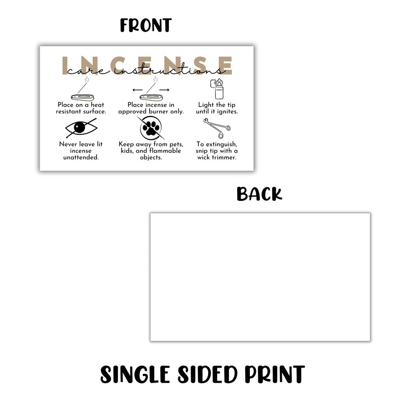 Incense Care Instruction Cards | 50pk 2x3.5” Client Minimalist How