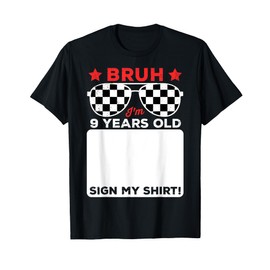 Bruh I'm 9 Checkered 9th Birthday 9 Year Old Race Car Boys T-Shirt