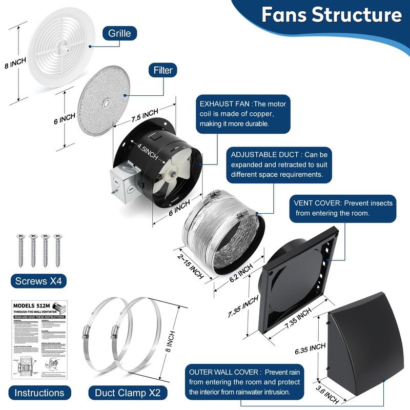 XABJU 512M 6 Inch Through Wall Exhaust Fan with Aluminum