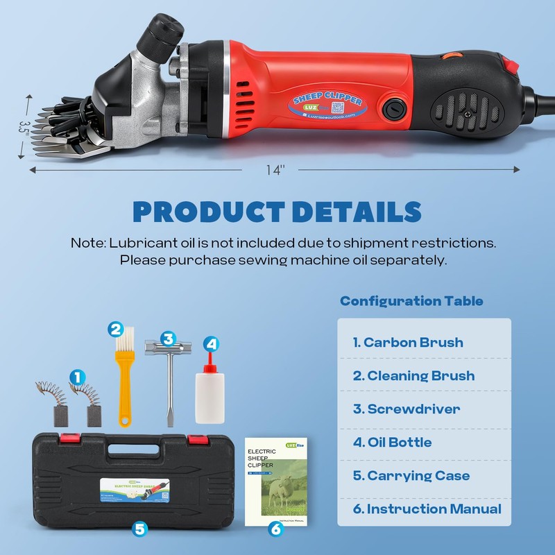 Luzrise Sheep Shear Electric 1000W 3700RPM for Goat, Cattle, Alpaca