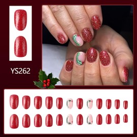 Red Press on Nails Short Almond Fake Nails with Christmas Holly Designs Glossy Full Cover Glue on Nails Cute Acrylic Nails Xmas Winter Stick on Nails for Women Girls 24 Pcs