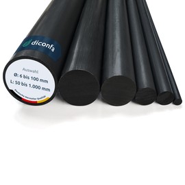 diconfa PVC round rod, black, to size, selection: diameter 15 x 1000 mm, diameter: 6 to 100 mm, length: 100 to 1000 mm, deburred plastic rod, hard solid material, round stick, robust, durable