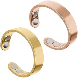 Anillo Magnético para Mujer y Hombre, 2 Anillos de Calmi Mgnetic de Acero Inoxidable, Ajustable, Joyería Magnética Unisex para Relajación, Alivia la Ansiedad y Mejora el Sueño (Dorado y Oro Rosa)