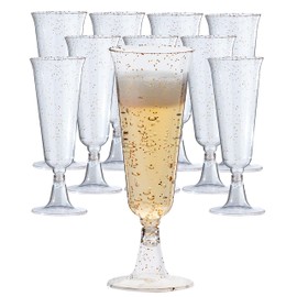 Exquisite Gold Glitter Glass Like Two Piece 5 Oz Stemmed Champagne Glasses Disposable Plastic Wine Glasses For Parties - Mimosa Bar Supplies And Wedding Champagne Flutes - 144 Count