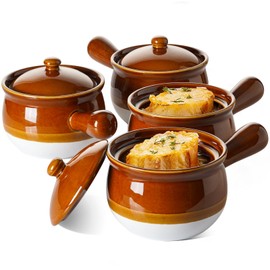 LE TAUCI French Onion Soup Bowls, 22 Ounce Ceramic Soup Bowls with Handles, Soup Crocks with Lids for Soup, Cereal, Chilli, Beef Stew, Oven Safe Stackable Serving Bowls Set, Set of 4