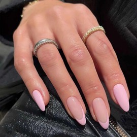Pink Press on Nails - French Tip False Nails - Semi-Transparent Fake Nails Almond in 12 Sizes - Soft Gel French Nail Tips Medium Length- Reusable Stick on nails for Women