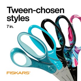 Fiskars 7" Student Scissors for Kids Ages 12-14, Scissors for School or Crafting, Back to School Supplies, Black
