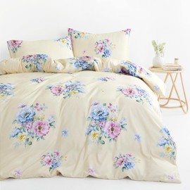 Wake In Cloud - Shabby Chic Comforter Set, Floral Farmhouse Cottagecore Vintage Colorful Pastel Spring Flowers, Soft Lightweight Bedding for Women Girls, 3 Pieces, Yellow, King Size